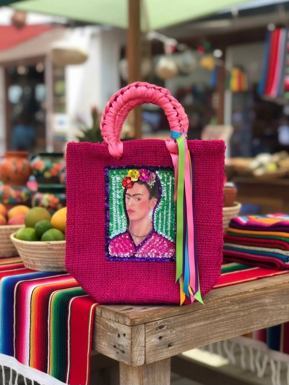 Frida Kahlo sequin burlap tote bag vibrant pink woven handles colorful ribbons